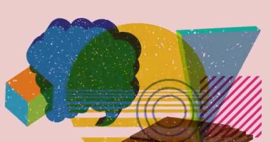 Geometrik şekilli Risograph konuşma balonu animasyonu. Moda riso grafik tasarım videosunda nesne taşınıyor.