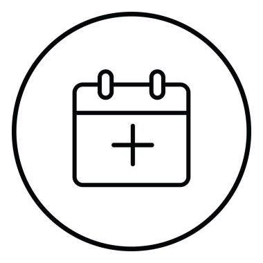 Takvim çizgisi simgesi iç çember ekle, artı işareti, siyah dış hat, çizgi simgeleri.