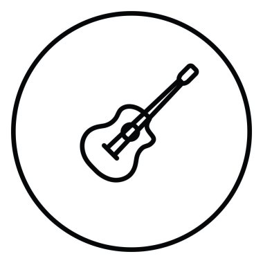 Gitar akustik enstrüman, müzik simgesi, daire şeklinde özet, siyah beyaz çizim tuşu.