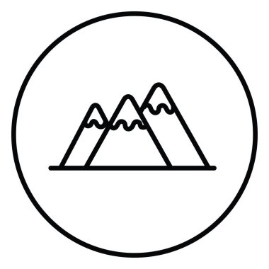Dağlar siyah ve beyaz çizgi ikon vektör çizimi bir daire içinde, ağ kullanımı açık hava, girişim, doğa, manzara, seyahat için.