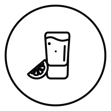 Tekila içeceği ve limon siyah beyaz ana hatlı ikon vektör çizimi bir daire içinde