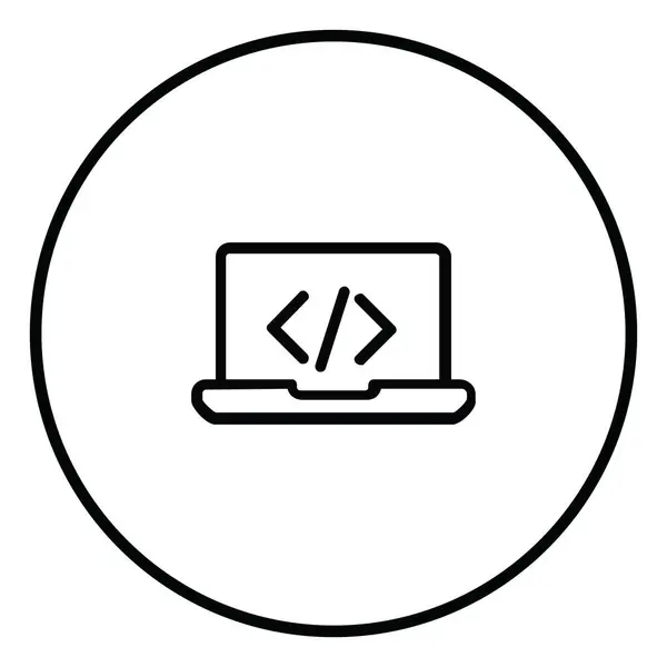 Laptop bilgisayar kod satırı simgesi iç çember, teknoloji çizgisi kodlaması, siyah ana hatlar, çizgi simgeleri.