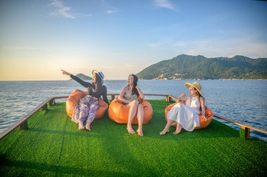 Bir grup turist yaz tatilinin tadını çıkarıyorlar. Birlikte tekneyle deniz kenarında akşam yemeği için seyahat ediyorlar.