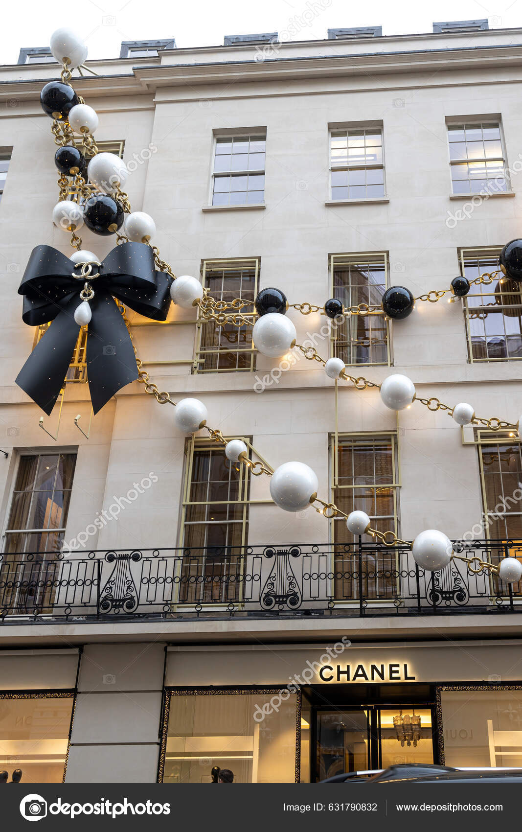 View of facade of Coco Chanel with christmas decoration Stock