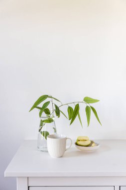 Beyaz bir masanın üzerinde cam bir vazoda okaliptüs dalı, duvarın arka planında bir tabakta dilimlenmiş yeşil bir elma. Yerleşim planı hazır. Dikey çerçeve. Metin için boşluk