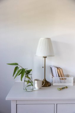 Cam bir vazoda bir okaliptüs dalı, bir kutu kitap, yüze masaj rulosu, duvara dayalı beyaz bir çekmecede bir fincan kahve. Yerleşim planı hazır. Dikey çerçeve. Metin için boşluk