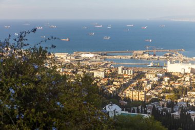 HAIFA, ISRAEL - 29 Eylül 2022: Şehir ve Hayfa Limanı Panoraması. Karamel Tepesinden Hayfa 'ya Görünüm.