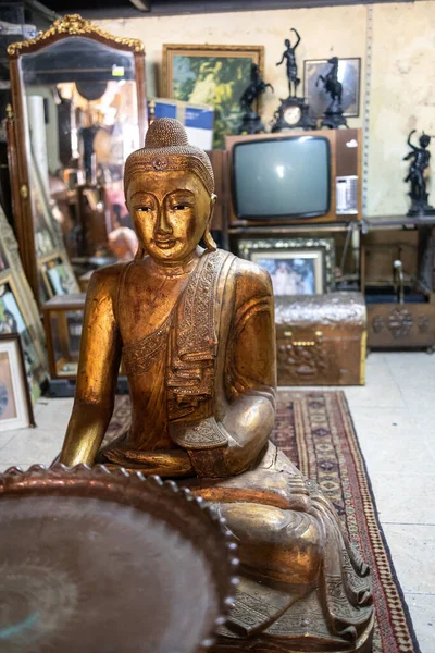 Copper Figure Buddha Background Old Antique Junk Shop — Stock Fotó