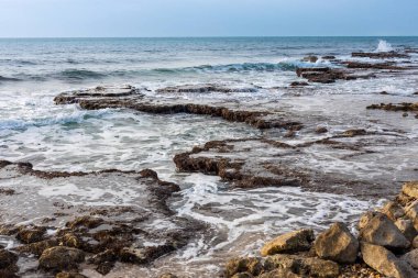Üst manzara, arka plan olarak dramatik deniz manzarası, kasvetli deniz ve dalgalar, deniz kabuklarıyla dolu kıyı şeridi, sonbaharın sonlarında vahşi manzara, bulutlu hava.