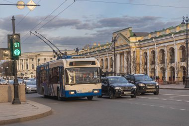 MOSCOW, RUSSIA - JUNE 2, 2022: Modern russian trolleybus MTrZ 52791 Sadovoye Koltso in the city street.