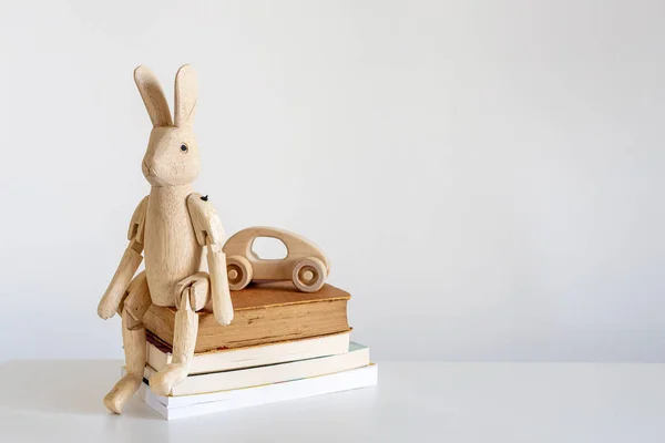 Still Life Wooden Hare Hinges Interior Stack Books Wooden Children — Stock Photo, Image