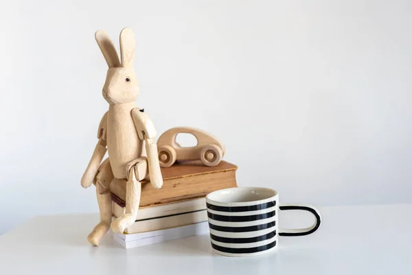 Still Life Wooden Hare Hinges Interior White Black Striped Cup — Stock Photo, Image