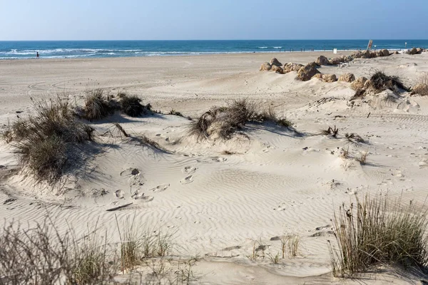Písečné Duny Středozemního Moře Jsou Ozdobeny Bujnou Trávou Nesou Zajímavé — Stock fotografie