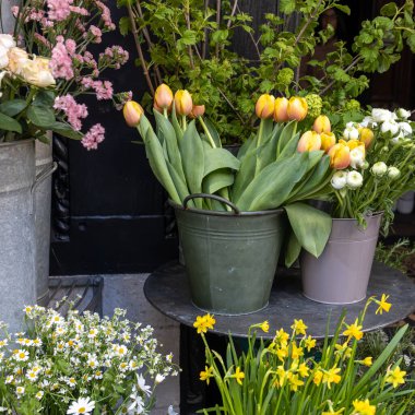Kırmızı laleler, beyaz nergisler ve bir vazoda güller bir çiçekçinin girişinin süsü olarak.