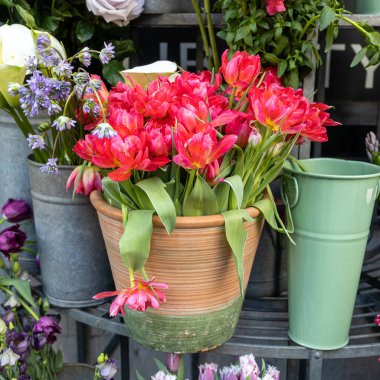 Kırmızı laleler, beyaz nergisler ve bir vazoda güller bir çiçekçinin girişinin süsü olarak.