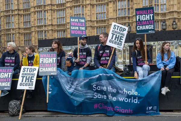 London 2023 Big One Demonstration 一群积极分子举着标语牌 拯救鲸鱼 拯救地球 停止忽视海洋 — 图库照片