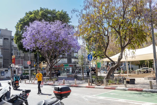 特拉维夫 以色列 2023年4月 以色列城市街道上的紫树 那个人正在过马路 城市化 — 图库照片