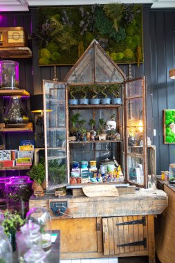 Londra, İngiltere - Nisan 2023, büyük cam kavanozlarda çiçek ekosistemleri satan dükkan