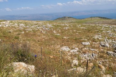 Kuzey İsrail, Golan Tepeleri 'nden Galilee Denizi' nin panoramik günbatımı manzarası