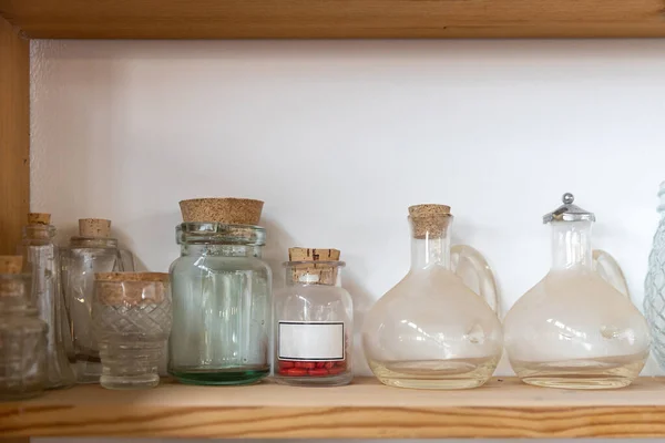 Glass Jars Various Shapes Sizes Antique Shop Decorate Interior — Stock Photo, Image