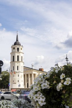 Vilnius, Litvanya - 27 Temmuz 2023: Çan Kulesi, Katedral Bazilikası, Litvanya Kraliyet Sarayı ve Gediminas Anıtı (soldan sağa)
