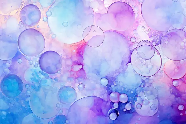 Whimsical soap bubbles drawn on watercolor paper in blue, purple, violet tones