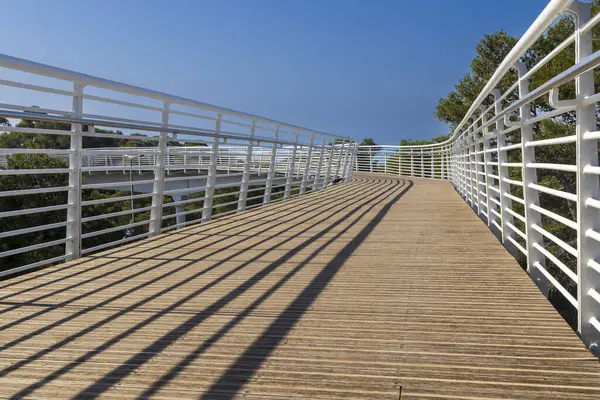 A modern pedestrian bridge over the highway from the Technion University to the nature reserve.