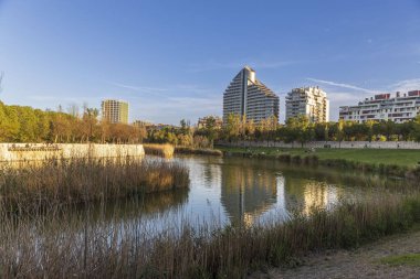 Valencia, İspanya. Turia Nehri 'nin eski nehir yatağına park et. Baharın başında. İnşa ediliyor.