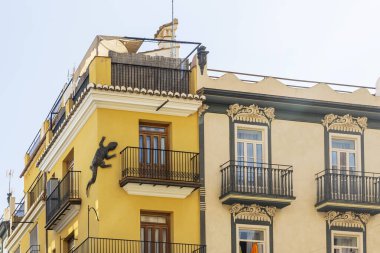 Valencia, İspanya - 20 Nisan 2024. Eski kasabadaki eski sarı bir evde bir kertenkelenin rahatlaması..