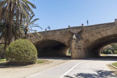 Valencia, Spain - April 20, 2024. Park in the former riverbed of the Turia River. Bridge clipart