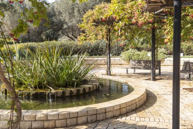 Zichron Yaakov, Israel  October 21, 2024: Gazebo and pink house at N I L I  Museum, Aharonson's House, showcasing exhibits on the N I L I. spy network and its role in World War I, the end of Ottoman rule, and the British entry into Israel. clipart