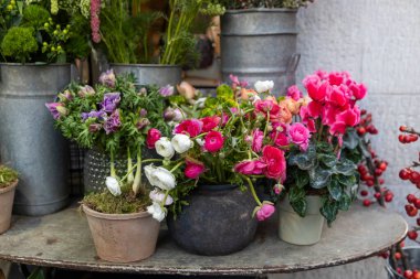 Kırmızı siklamen, beyaz ranunculus, vazodaki pembe şakayıklar dökme demir bir masada restoran dekorasyonu olarak..