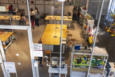 Moscow, Russia - August 20, 2024, Interior of the GES-2 House of Culture. Workshop studio. Top view. clipart