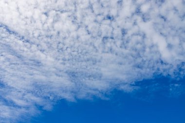 Mavi gökyüzündeki tüylü bulutlar. Duvar kağıdı, arkaplan.