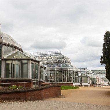 Berlin, Almanya, 2 Mart 2024, Berlin Botanik Bahçesindeki cam seralar bulutlu bir günde