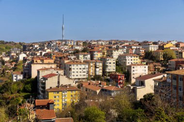 İstanbul, Türkiye, 2 Mayıs 2024, İstanbul 'da Balat, İstanbul' da bir tepenin üzerindeki renkli binaların manzarası, güzel bahar havasında ön planda yeşil yeşillikler