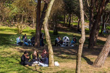 İstanbul, Türkiye, 2 Mayıs 2024, Emirgan Parkı 'nda ağaçların altında dinlenen bir grup insan, 