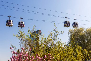 İstanbul, Türkiye, 5 Nisan 2024, İstanbul, Türkiye 'de açık mavi gökyüzüne karşı teleferik kabinleri askıya alındı. Aşağıda pembe çiçekli ağaçlar ve modern bir bina görülebilir..