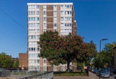 Londra, İngiltere, 15 Mayıs 2025, Hackney 'de güneşli bir şehir manzarasında çiçek açan bir kestane ağacının arkasında yüksek bir yerleşim yeri bloğu yükseliyor., 