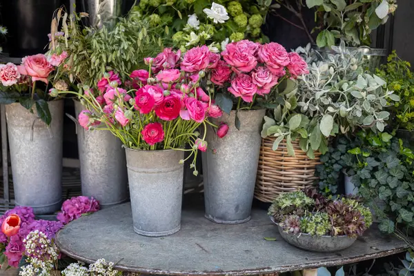 Pembe güller, metal kovalarda çeşitli bitkiler ve bir sepet..