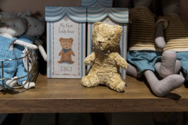 London, UK, 12 May 2025, Liberty shop.  Classic teddy bear and gift box.