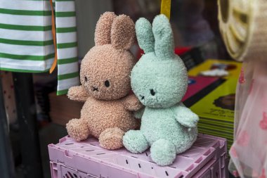 İki şirin peluş yeşil ve kahverengi tavşan Pembe bir sandığa oturur..