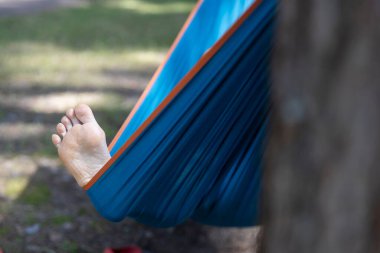 Çam ormanının ortasında, hamağın dışında bir ayak..