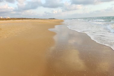 Geniş açı, alçak görüş açısı günbatımında geniş, eğri büğrü altın kum plajı, yumuşak deniz köpüğünün ufukta görünen uzak kıyı binaları ile yumuşak bulutlu bir gökyüzünün altında ıslak, yansıtıcı kumla buluştuğu yer.