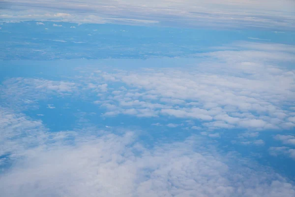 Capturing Fluffy White Clouds Blue Sky View Plane — Φωτογραφία Αρχείου