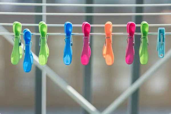 stock image Plastic clothespin on outdoor clothesline