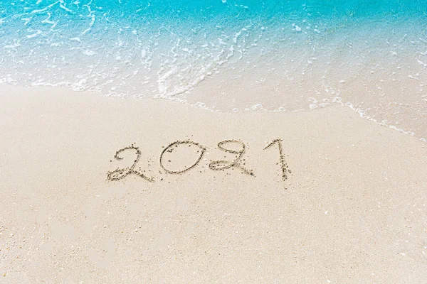 Happy New Year 2021 Coming Concept Sandy Tropical Ocean Beach — Stock Photo, Image