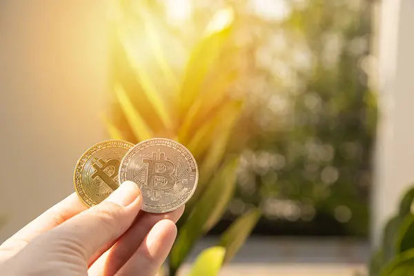 Business hand to pick up bitcoins with blur bokeh nature background