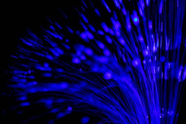 Siyah arkaplanda iletişim teknolojisi ağı için bulanık ışık fiber optikleri kapat