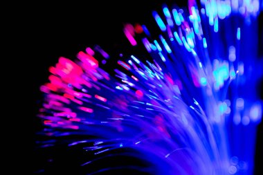 Siyah arkaplanda iletişim teknolojisi ağı için bulanık ışık fiber optikleri kapat